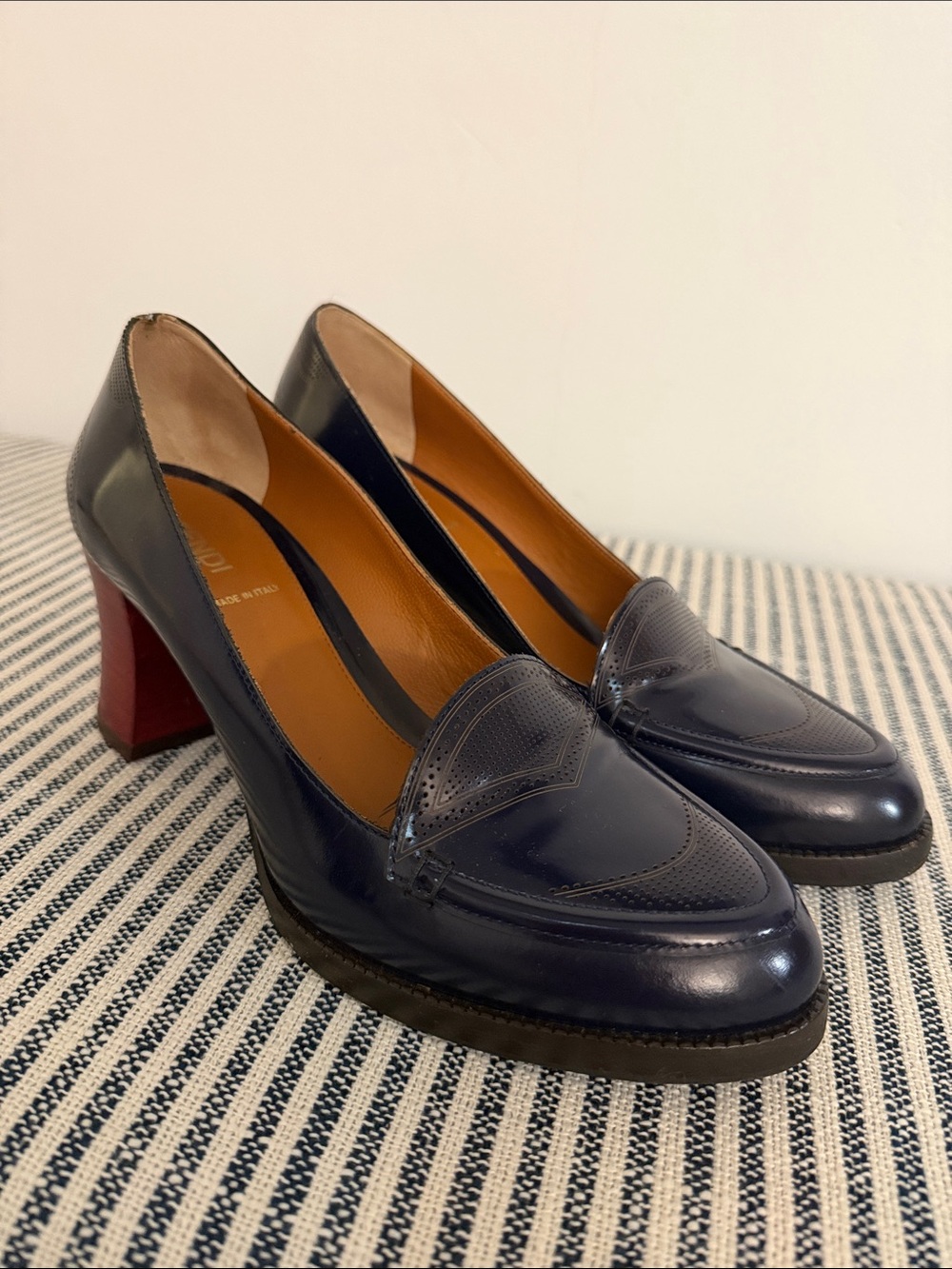 Vintage Fendi Leather Navy Loafer Pumps with Red Block Heel - Women's